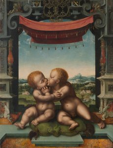 De zuigelingen Jezus Christus en Johannes de Doper die elkaar omhelzen door Joos van Cleve