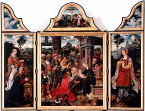 Drieluik van Aanbidding der Wijzen. Schilderij op hout door Joos Van Cleve de jonge (1485-1540) 1515 Dim. 260x200 cm Genua, Kerk van San Donato door Joos van Cleve