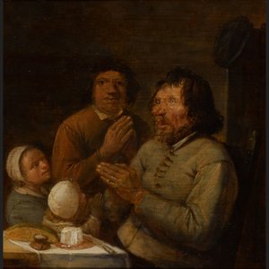 Interieur met een biddende boerenfamilie door Joos van Craesbeeck