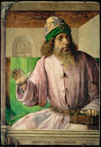 Aristoteles, Grieks filosoof Uit een serie van 28 portretten, geschilderd rond 1475 voor de studiolo van Federigo da Montefeltre ...