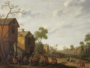 Een dorpsgezicht met etende en drinkende boeren buiten een herberg, bedelaars links