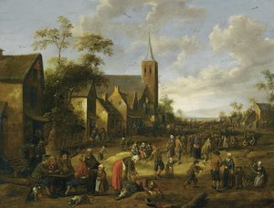 Een druk dorp met talrijke figuren, boeren die eten en drinken aan een tafel op de voorgrond, een kerktoren daarachter