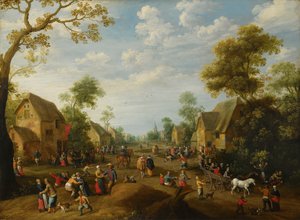 Een dorpskermesse met talrijke boeren die feest vieren