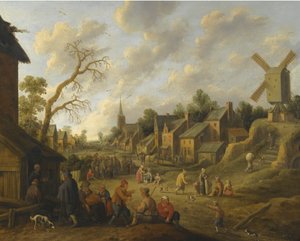 Een brede straat door een dorp gevuld met talrijke figuren en met uitzicht op een windmolen