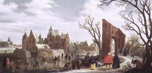 Schaatsers in een Winterlandschap door Joost Cornelisz. Droochsloot