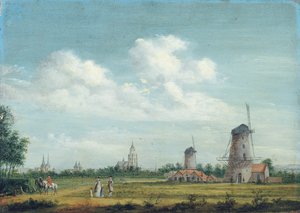 Een uitzicht op Arnhem met de St. Walburgskerk links en de Grote Kerk rechts, elegante stadsbewoners wandelen in de buurt, 1776