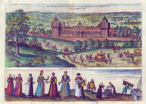 Aankomst van Koningin Elizabeth I in Nonesuch Palace en mannen en vrouwen uit de Tudor-samenleving, 1598