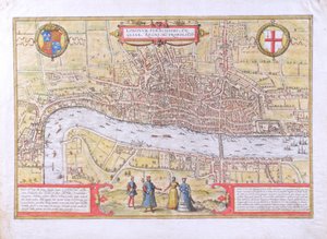 Kaart van Londen, uit Civitates Orbis Terrarum, door Georg Braun en Frans Hogenburg, ca. 1572