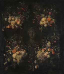 Gesimuleerde gebeeldhouwde kop van een vrouw in een cartouche versierd met fruitguirlandes