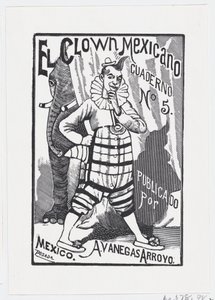 Een clown die met één hand op zijn heup staat en een olifant die van achteren naar buiten kijkt..., ca. 1880-1910