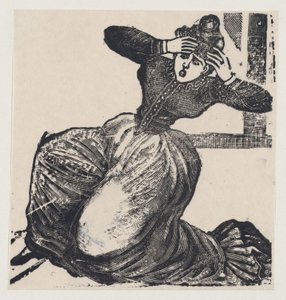 Een hijgende vrouw op de grond met haar handen opgeheven naar haar hoofd, uit een pamflet getiteld..., 1893