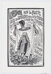 Een man houdt een stuk stof omhoog met een afbeelding van de Maagd, illustratie voor ..., ca. 1880-1910 door José Guadalupe Posada