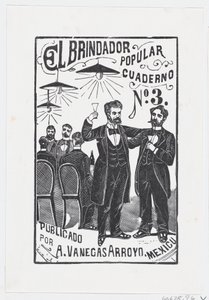 Een man heft zijn glas op met een groep mannen die aan een tafel zitten op de achtergrond door José Guadalupe Posada