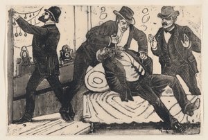 Een man steekt een andere man in de borst terwijl zijn handlangers een winkel plunderen, ca. 1890-1891 door José Guadalupe Posada