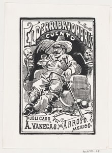Een man met wapens en een pijp in zijn mond geflankeerd door twee skeletten, illustratie, ca. 1880-1910