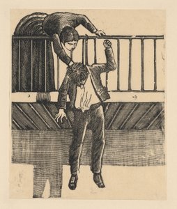 Een vrouw ontdekt een man die zelfmoord heeft gepleegd door zichzelf op te hangen, ca. 1900-1910