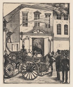 Brandweerlieden blussen een brand in een huis, brandweerwagen op de voorgrond, ca. 1880-1910 door José Guadalupe Posada