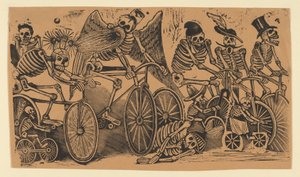 Skeletten calaveras op fietsen, ca. 1900