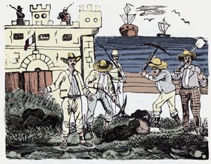 De Mexicaanse Revolutie (1910-1920): Groepen gevangenen aan dwangarbeid - Houtsnede door Jose Guadalupe Posada (1852-1913) door José Guadalupe Posada