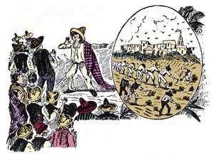De Mexicaanse Revolutie (1910-1920): verhaal van hard werken door een van de arbeiders in de Valle Nacional, circa 1908 - Houtsnede door Jose Guadalupe Posada (1852-1913)