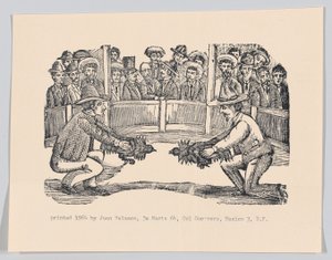 Twee mannen in een arena met hanen ter voorbereiding op een gevecht, ca. 1890-1910 herdrukt 1964 door José Guadalupe Posada