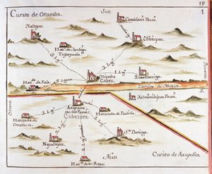 Plan van het aartsbisdom Mexico. Parochie van Otumba en parochie van Axapulco. 1767. Gravure door Jose Antonio Alzate door Jose Antonio Alzate