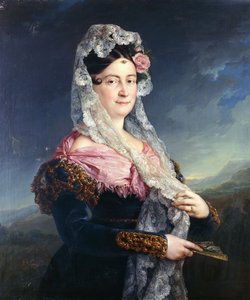 Portret van Dona Maria de los Dolores Gomez de las Casas e Ibarrondo, de eerste markiezin van Ulagares, staand driekwart lengte door Jose Camaron