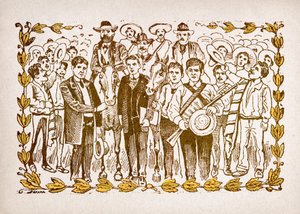 Mexico, Mexicaanse Revolutie: "El Triunfo de Madero" (Francisco Indalecio Madero Gonzalez (1873-1913) gekozen tot president met de steun van revolutionairen Villa en Zapata. Portret te paard temidden van de menigte van zijn volgelingen. Gravure door