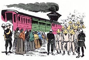 De Mexicaanse Revolutie (1910-1920): deportatie van arbeiders in de Valle Nacional, circa 1908 - Houtsnede door Jose Guadalupe Posada (1852-1913)