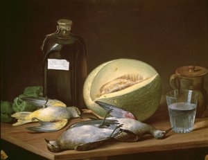 Stilleven met Meloen en Vogels door Jose Lopez Enguidanos