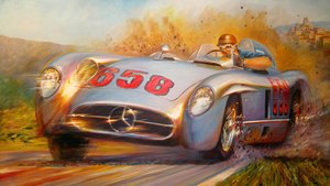 En la Mille Miglia, Juan Manuel Fangio, Mercedes Benz 300 SL door Jose Maria Villafuerte
