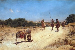 De ontmoeting van Sancho Panza en zijn ezel Rucio, Illustratie van Don Quichot door Jose Moreno Carbonero