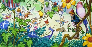 Feeën in de tuin (gouache op papier)