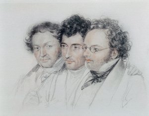 Van links naar rechts, vrienden van de componisten Johann Baptist Jenger, Anselm Huttenbrenner en Franz Schubert, pastel door Josef Teltscher