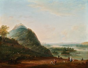 Wijnoogst voor Wenen met uitzicht op Klosterneuburg, de Leopoldsberg, Bisamberg en Korneuburg door Josef Heideloff