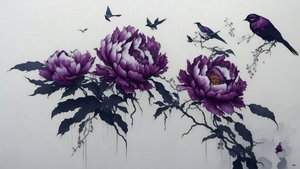 inkt schilderij: Pioen in diep paars 01