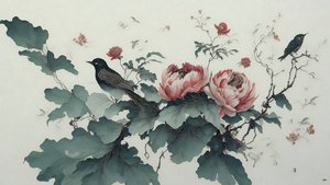 inkt schilderij: Pioen in groen 01