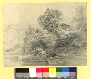 Berglandschap met boerderijen door Josef Kriehuber