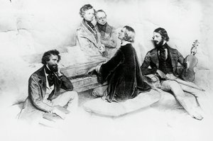 Matinee bij Liszt thuis, van links naar rechts, Kriehuber, componist Hector Berlioz, Carl Czerny, Franz Liszt en violist Heinrich Wilhelm Ernst, Lithografie door Josef Kriehuber