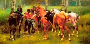 Groep huzaren en paarden in het bos door Josep Cusachs y Cusachs