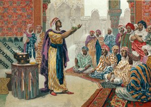 Jabir ibn Hayyan geeft les in chemie in Edesa door Josep or Jose Planella Coromina