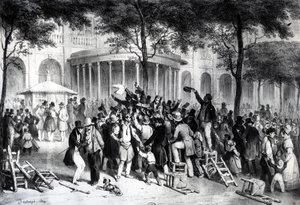 Lezing van de Besluiten Gepubliceerd in de Krant Moniteur in de tuinen van het Koninklijk Paleis in Parijs, 26 juli door Joseph Louis Hippolyte Bellange