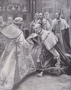 Koning Edward VII legt de eed af bij zijn kroning, Westminster Abbey, Londen door Joseph (after) Finnemore