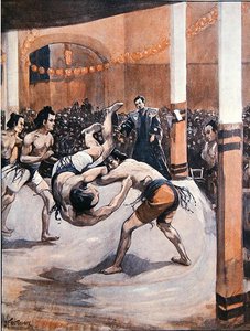 Traditioneel Japans Worstelen: Sumo worstelaars tonen hun kunst op de Japanse Tentoonstelling in Londen in 1910