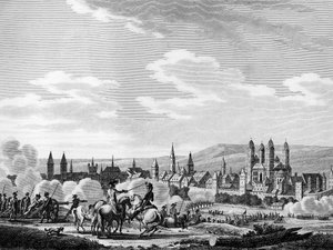 Franse Revolutie en Pruisische Anti-Revolutionaire Beweging: Inname van de stad Speyer in oktober 1792, Duitsland. Gravure door Berthaut naar Swebach. Parijs, Bibliotheek van het Instituut voor Geschiedenis van de Revolutie.