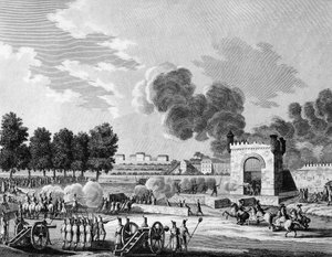 Franse revolutie: Republikeinse feest van de overwinningen, gevecht van jonge studenten op het Champs de Mars in Parijs op 21 oktober 1794. Gravure door Malapeau naar Swebach - Desfontaines. Parijs, Bibliotheek van het Instituut voor Geschiedenis van de Re