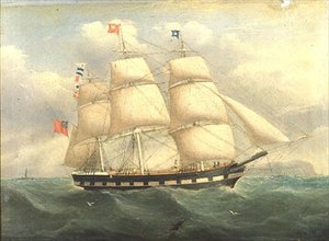 Een Engels vierkantgetuigd schip voor de kust