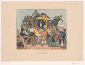 Passagiers stappen na terugreis uit een omnibus door Joseph Ambroise Jobard