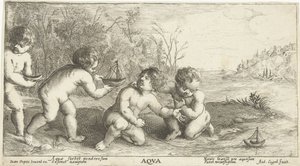 Kinderen spelen met bootjes door Joseph Antoine Cochet