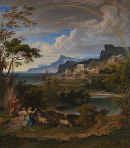 Heroïsch landschap met regenboog